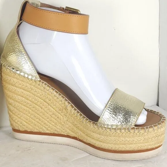 See by Chloe Women's Glyn EU38 US7,5 Gold Platform Espadrille Wedge Sandals