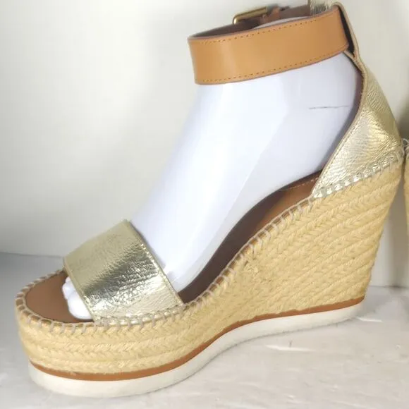 See by Chloe Women's Glyn EU38 US7,5 Gold Platform Espadrille Wedge Sandals