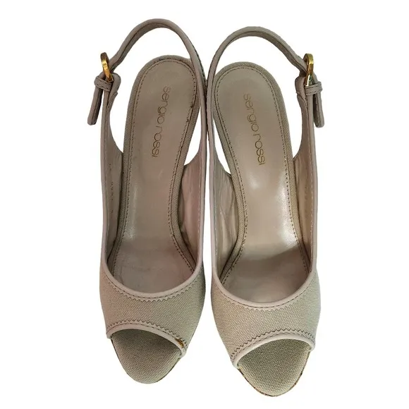 Sergio Rossi Beige Canvas Peep Toe Cork Platform Sandals 37