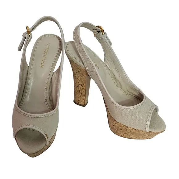 Sergio Rossi Beige Canvas Peep Toe Cork Platform Sandals 37
