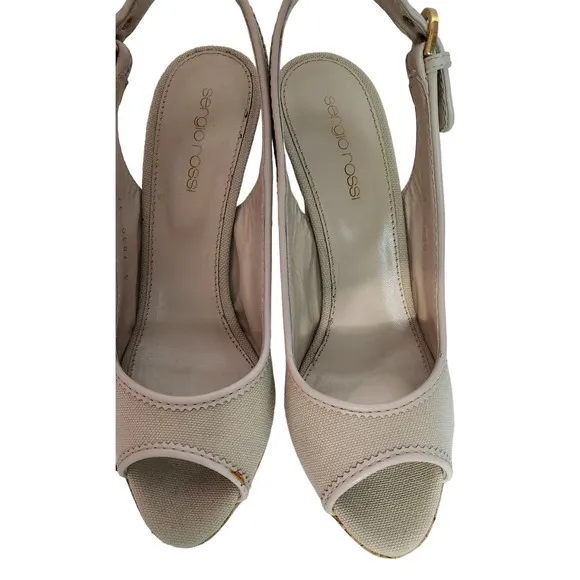 Sergio Rossi Beige Canvas Peep Toe Cork Platform Sandals 37