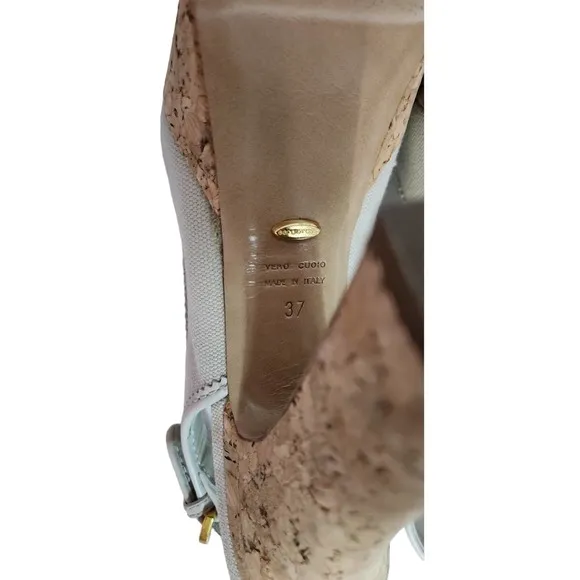 Sergio Rossi Beige Canvas Peep Toe Cork Platform Sandals 37