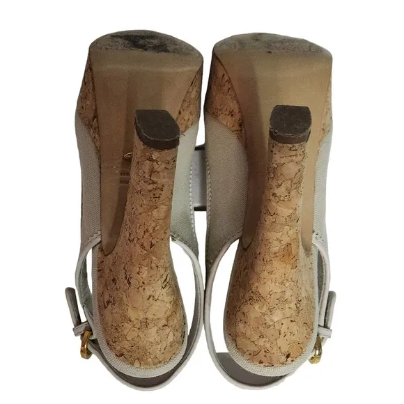 Sergio Rossi Beige Canvas Peep Toe Cork Platform Sandals 37