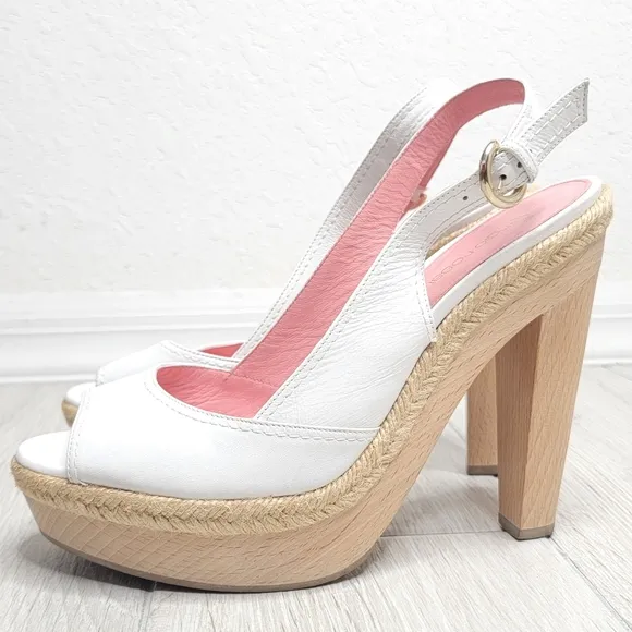 SERGIO ROSSI Leather Espadrille Trim Platform Slingback Peeptoe Sandals 39.