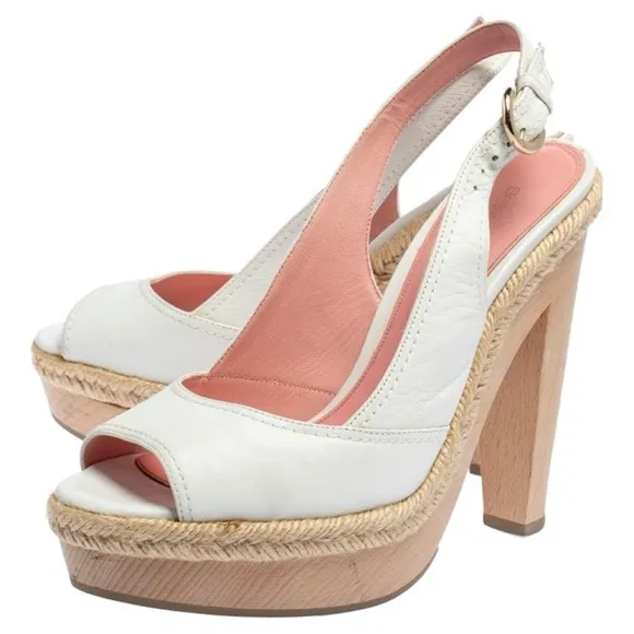 SERGIO ROSSI Leather Espadrille Trim Platform Slingback Peeptoe Sandals 39.