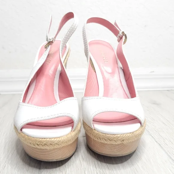 SERGIO ROSSI Leather Espadrille Trim Platform Slingback Peeptoe Sandals 39.