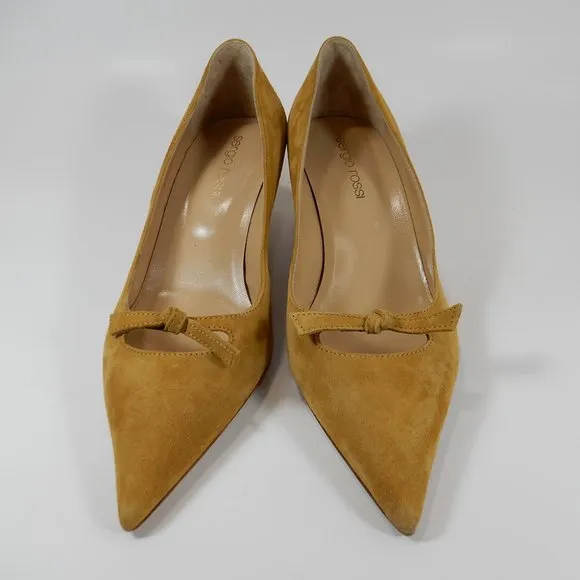 SERGIO ROSSI Pumps Size 35 5 Bow Pointed Toe Kitten Heel Caramel Suede NEW $695
