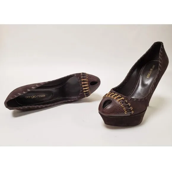 SERGIO ROSSI SHOES WHIPSTITCHED SUEDE SNAKESKIN PLATFORM PUMPS sz IT 39 US 9