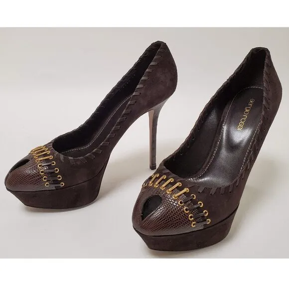 SERGIO ROSSI SHOES WHIPSTITCHED SUEDE SNAKESKIN PLATFORM PUMPS sz IT 39 US 9