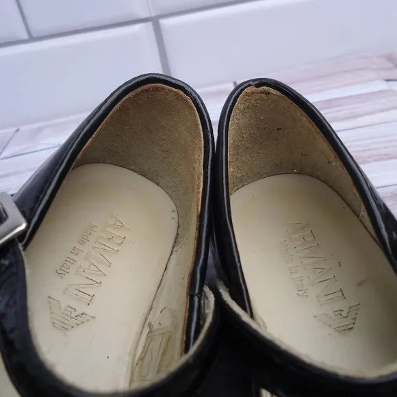 SIZE 24. Armani baby Mary Janes navy patent leather shoes.