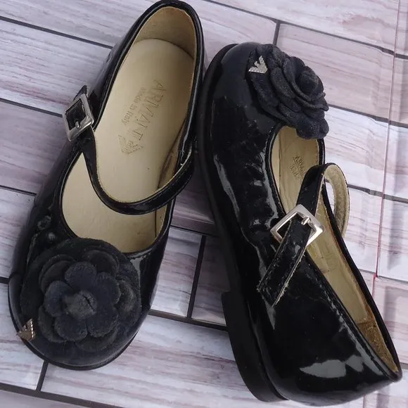 SIZE 24. Armani baby Mary Janes navy patent leather shoes.
