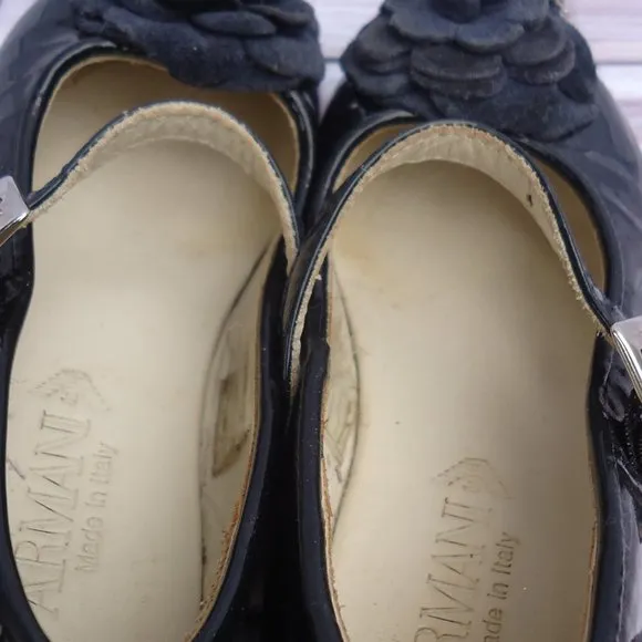SIZE 24. Armani baby Mary Janes navy patent leather shoes.
