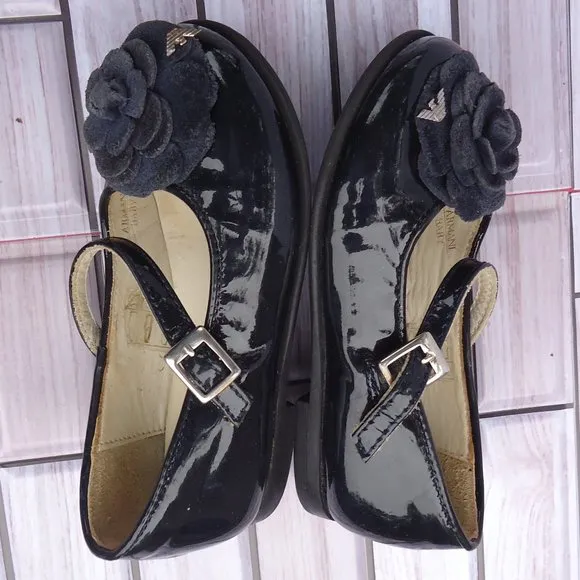 SIZE 24. Armani baby Mary Janes navy patent leather shoes.