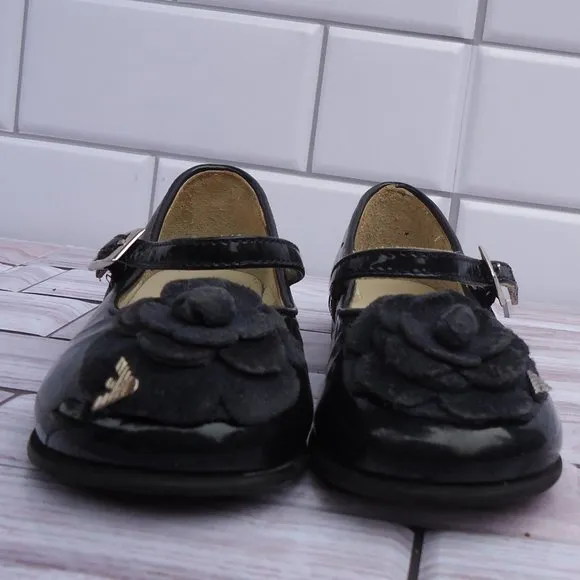 SIZE 24. Armani baby Mary Janes navy patent leather shoes.