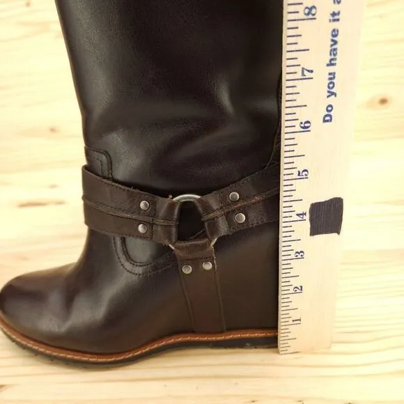 Skechers SKCH 3 Women's Wedge Harness Boots Sz 9.5 Brown Leather Pull On Chic