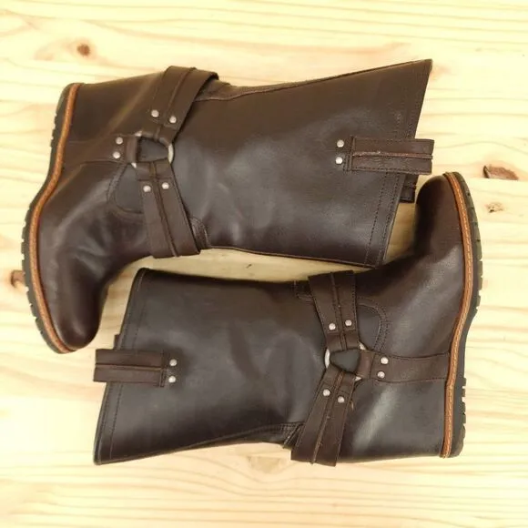 Skechers SKCH 3 Women's Wedge Harness Boots Sz 9.5 Brown Leather Pull On Chic