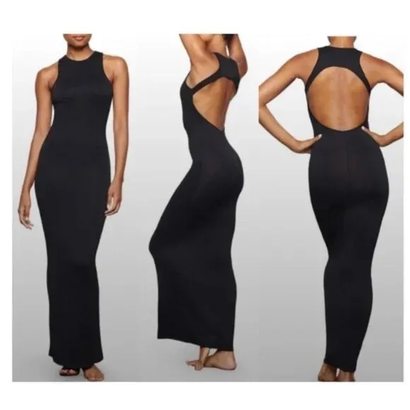 Skims New Black Onyx Smooth Lounge Maxi Dress Open Racer Back Cutout Size 2X