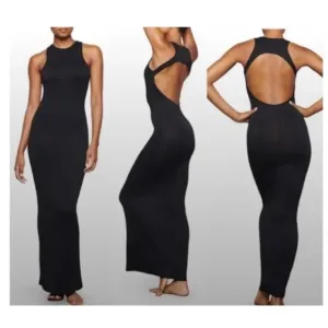 Skims New Black Onyx Smooth Lounge Maxi Dress Open Racer Back Cutout Size 2X