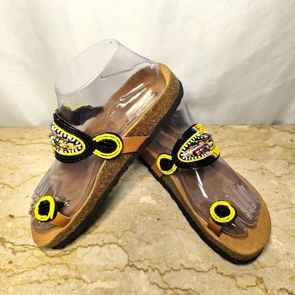 Sol John Birkenstock Womens Beaded Leather Toe Ring Boho Sandals 37 / 6 - 6.5