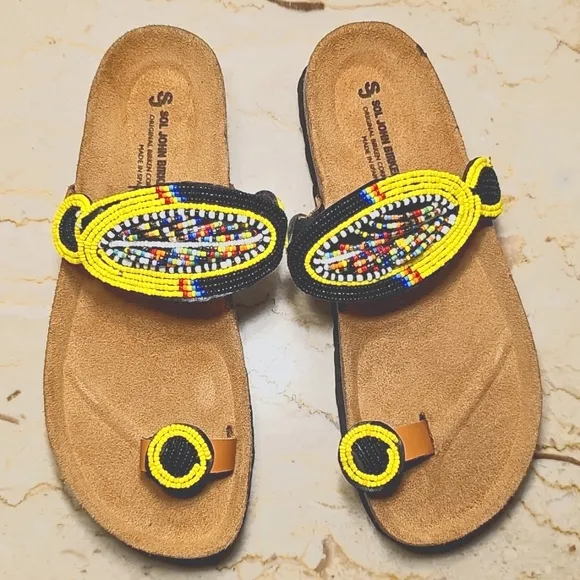 Sol John Birkenstock Womens Beaded Leather Toe Ring Boho Sandals 37 / 6 - 6.5