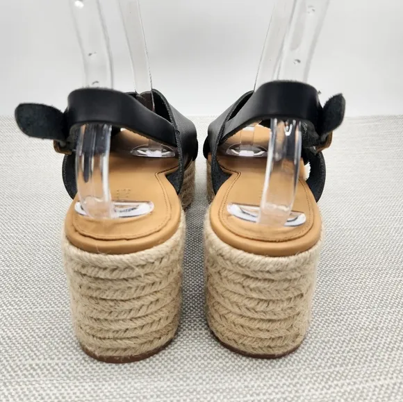 Soludos Amalfi Size 9 Black Leather Platform Sandals Heel Slingback Boho Sisal