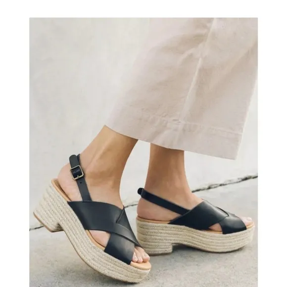 Soludos Amalfi Size 9 Black Leather Platform Sandals Heel Slingback Boho Sisal