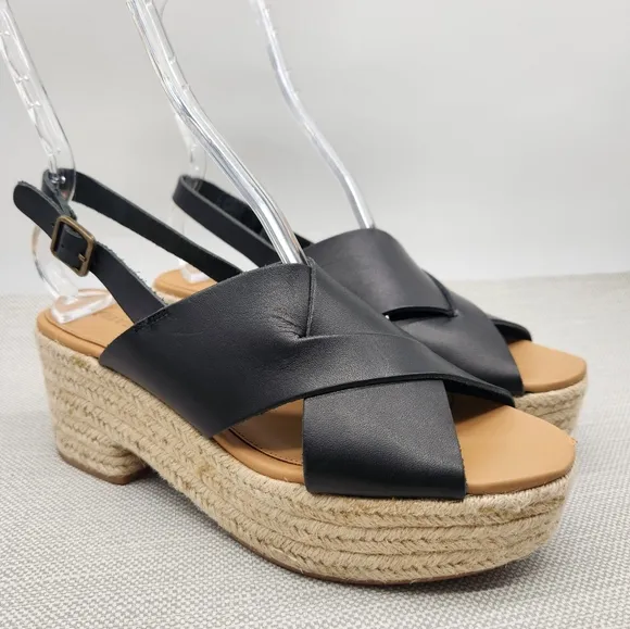 Soludos Amalfi Size 9 Black Leather Platform Sandals Heel Slingback Boho Sisal