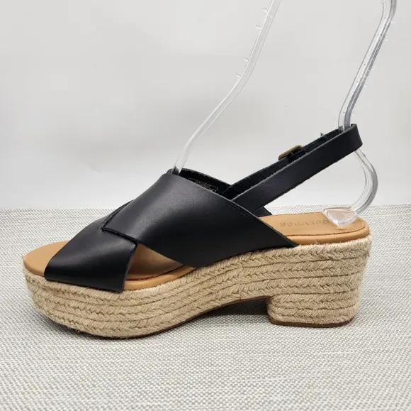 Soludos Amalfi Size 9 Black Leather Platform Sandals Heel Slingback Boho Sisal