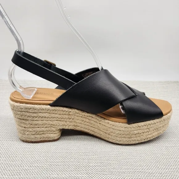 Soludos Amalfi Size 9 Black Leather Platform Sandals Heel Slingback Boho Sisal