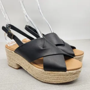 Soludos Amalfi Size 9 Black Leather Platform Sandals Heel Slingback Boho Sisal