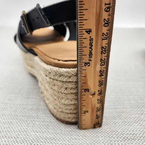 Soludos Amalfi Size 9 Black Leather Platform Sandals Heel Slingback Boho Sisal