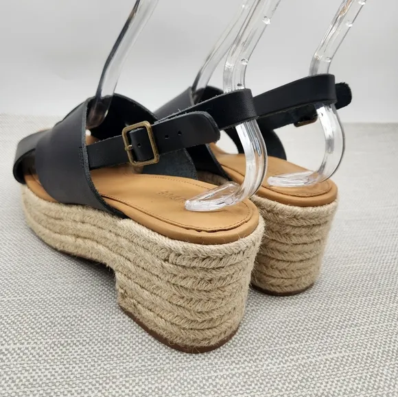 Soludos Amalfi Size 9 Black Leather Platform Sandals Heel Slingback Boho Sisal