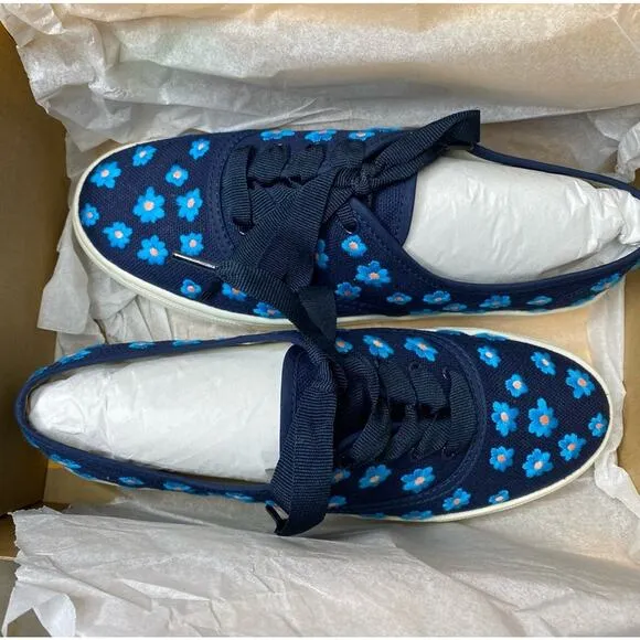 Soludos Low Top Sneakers Floral Embroidery Organic Cotton Navy Blue 7M New