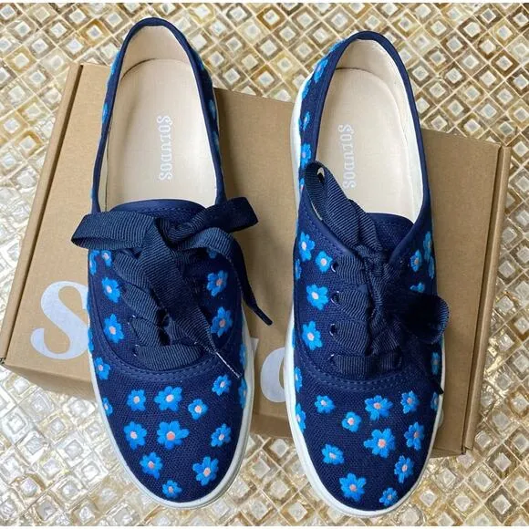 Soludos Low Top Sneakers Floral Embroidery Organic Cotton Navy Blue 7M New