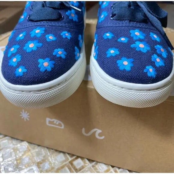 Soludos Low Top Sneakers Floral Embroidery Organic Cotton Navy Blue 7M New