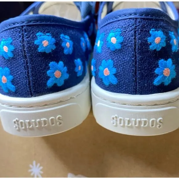 Soludos Low Top Sneakers Floral Embroidery Organic Cotton Navy Blue 7M New