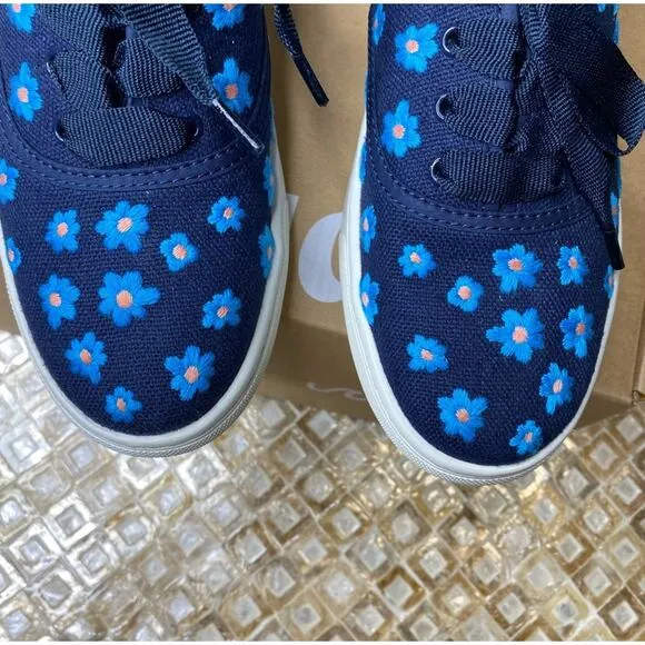 Soludos Low Top Sneakers Floral Embroidery Organic Cotton Navy Blue 7M New