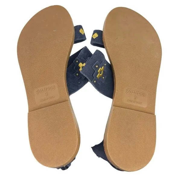 Soludos Navy Blue Suede Embroidered Studded Boho Banded Flat Sandals Size 9