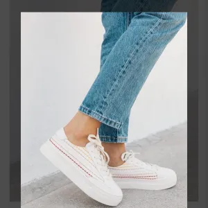 Soludos Retro Stripe White Leather Sneakers Women Size 9 Lace Up Shoes