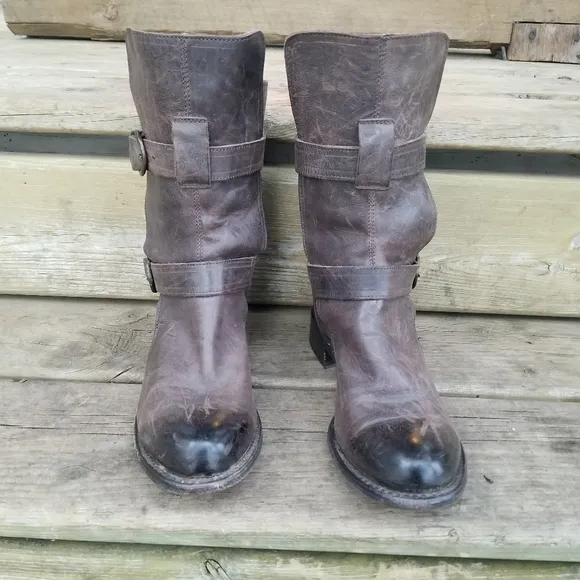 Sonora Burnished Brown Leather Brooklyn Ruina Moro Short Moto Buckle Boots 7