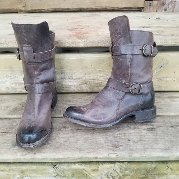 Sonora Burnished Brown Leather Brooklyn Ruina Moro Short Moto Buckle Boots 7