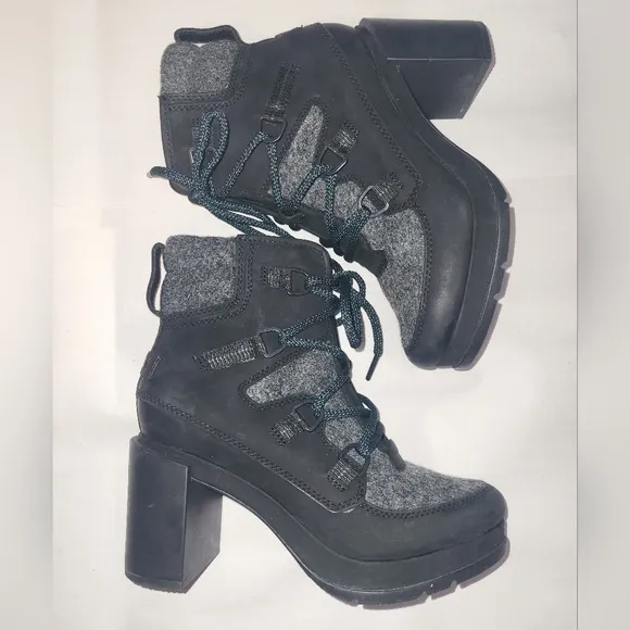 Sorel Blake Lace Up Heeled Boots Gray Black Green Laces Size 7