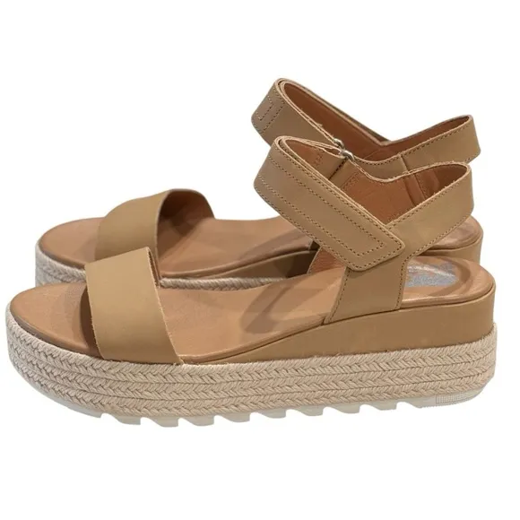 SOREL Cameron Beige Leather Flatform Wedge Sandals | US 10