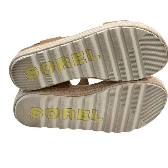 SOREL Cameron Beige Leather Flatform Wedge Sandals | US 10