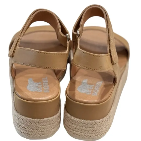 SOREL Cameron Beige Leather Flatform Wedge Sandals | US 10