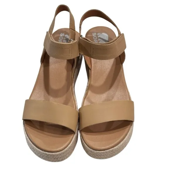 SOREL Cameron Beige Leather Flatform Wedge Sandals | US 10