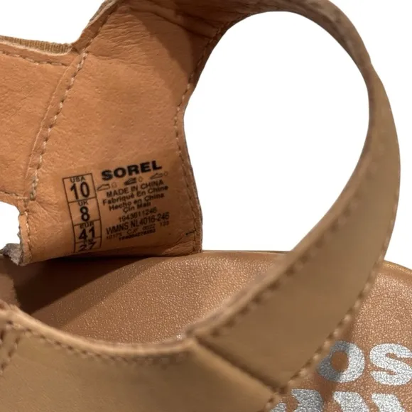SOREL Cameron Beige Leather Flatform Wedge Sandals | US 10