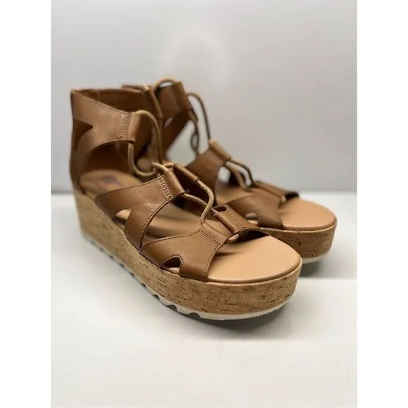 Sorel Cameron Flatform Lace Sandals Tan Leather Platform, Women’s Size 9