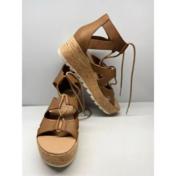 Sorel Cameron Flatform Lace Sandals Tan Leather Platform, Women’s Size 9