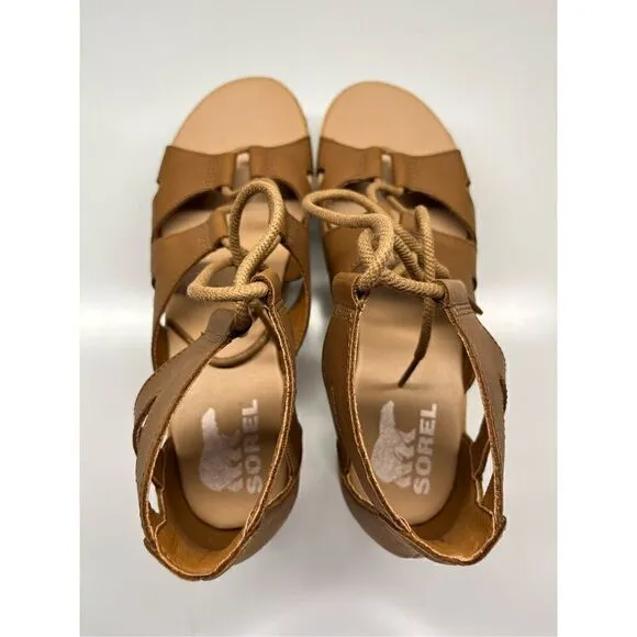 Sorel Cameron Flatform Lace Sandals Tan Leather Platform, Women’s Size 9